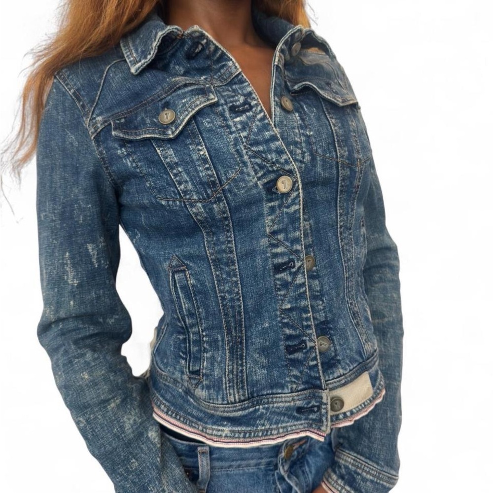 Anthropologie (Pilcro and the Letterpress) Acid Wash Blue Jean Jacket with Trim